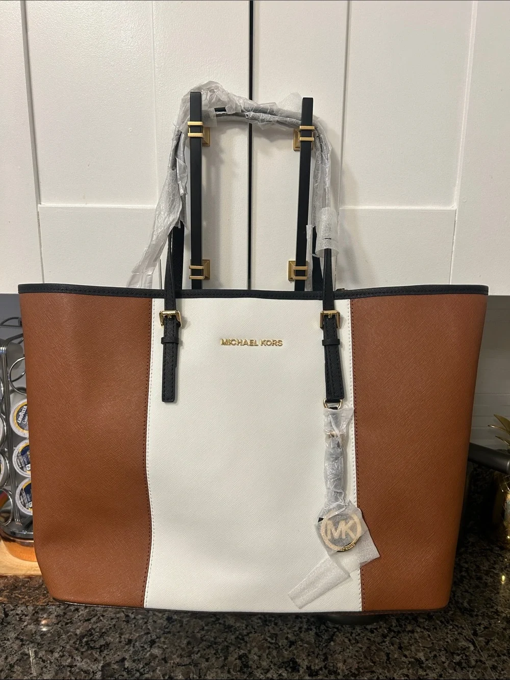 Michael Kors Two-Tone Saffiano Leather Tote in Brown, White and Black Trim